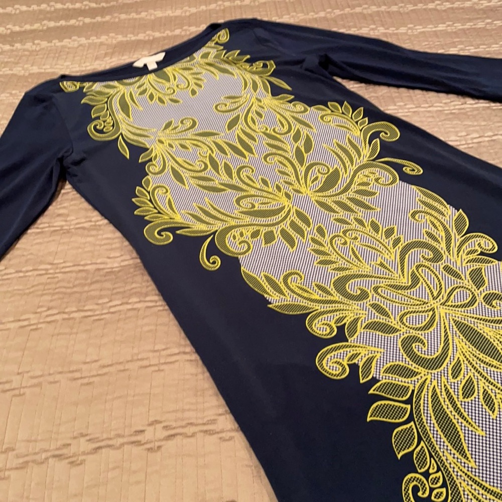 Banana Republic dress, navy with yellow design, polyester blend, M